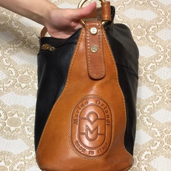 MARINO ORLANDI Genuine Leather Black/Brown ColorBlock Shoulder Bag Made in Italy - Picture 11 of 16